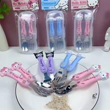(Autorizado) Conjunto de Colher e Garfo Utensílios Kuromi Fofo da Sanrio Hello Kitty, Utensílios de Colher com Orelhas Grandes de Cachorro Fofo em Caixa Portátil, Adequado para Presentes de Aniversário, Temporada de Formatura, Restaurante, Cozinha, Acessórios de Viagem, Etc.