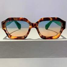 2024 Retro Square Glasses - Brown Green Gradient Lenses, Lightweight Plastic Frame Non-Prescription Decorative Glasses, Suitable For Men And Women For Daily And Formal Occasions, Retro Fashion Glasses, Style Accessories, Tortoiseshell Design, Classic Style, Unisex,  Buyer Must-Have - 藍藍橙 - 查看 9