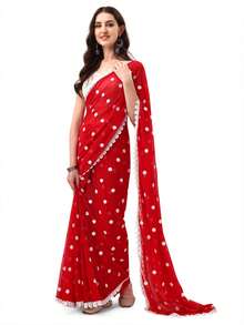 Estationeryhouse Women's Georgette Embroidery Border Work Designer Saree With Blouse Piece - Red - View 3