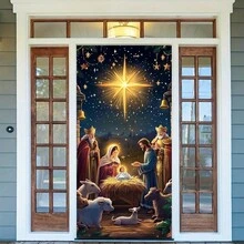2D Door Banner, 1pc Nativity Scene Door Banner - Holiday Welcome Background, Mary, Joseph And Baby Jesus, Bohemian Style Polyester Decoration, Suitable For Thanksgiving, Christmas And New Year Celebrations, 35.4 X 70.9 Inches, Front Door Christmas Decor - Multicolor - View 6
