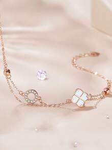 S925 Sterling Silver Clover Bracelet For Women, Double Layer Rose Gold & White Shell Minimalist Jewelry Gift Valentines