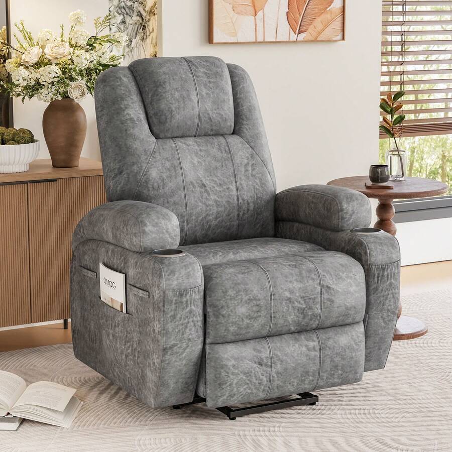 Electric Power Lift Recliner Chair (Leathaire) With Massage For Elderly, Single Sofa With 2 Cup Holders Side Pockets, Grey - 灰色 - 查看 1
