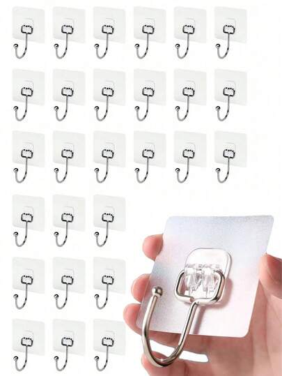 30pcs Heavy Duty Adhesive Hooks, No Nail Wall Hanger, Transparent Removable, Waterproof Rust-Proof, Suitable For Bathroom, Kitchen, Home