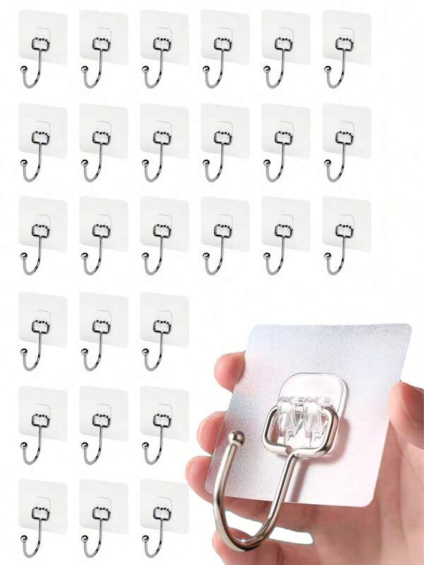 30pcs Heavy Duty Adhesive Hooks, No Nail Wall Hanger, Transparent Removable, Waterproof Rust-Proof, Suitable For Bathroom, Kitchen, Home