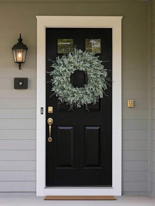 1pc 19in Eucalyptus Wreath For Front Door, Porch- Artificial Eucalyptus And Lavender With Babys Breath Flowers Wreath For Home, Farmhouse Wall Decor- Spring, Summer, Fall, All Seasons (White-Green)