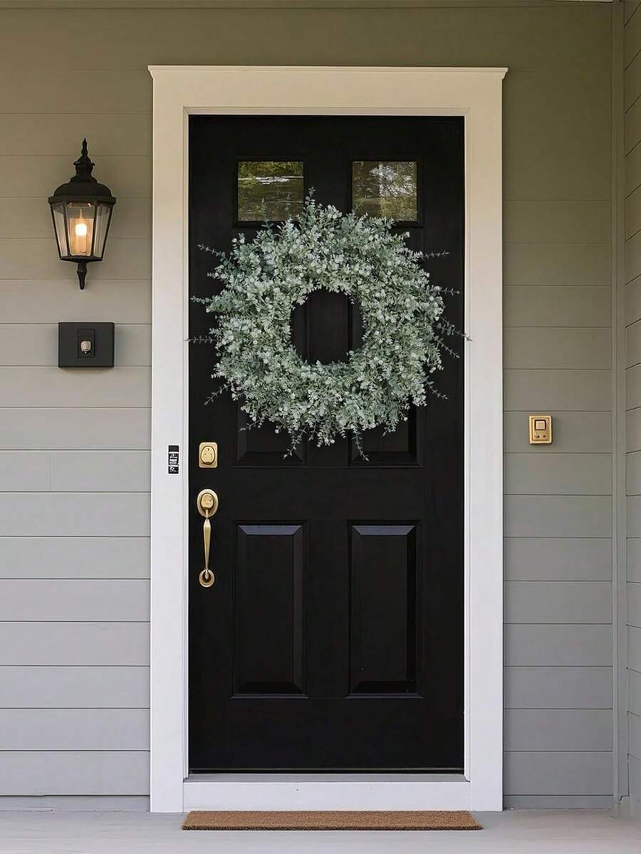 1pc 19in Eucalyptus Wreath For Front Door, Porch- Artificial Eucalyptus And Lavender With Babys Breath Flowers Wreath For Home, Farmhouse Wall Decor- Spring, Summer, Fall, All Seasons (White-Green) Valentine's Day