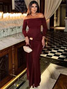 Herbstmode Rückenfreies langes Kleid Hohe Taille Schlank Falten Patchwork Einfarbig Off-Shoulder Partykleid Damen Bodycon Kleid