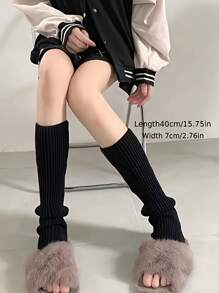 2 Pairs Of Black And White Oversized Women's Knee-High Polyester Knitted Fabric, Solid Color, Comfortable And Elastic, Hand Wash , Suitable For Cycling, Casual Wear And Festival Wear, Y2k, Cozy