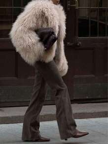 DEEKA Autumn/Winter New Women Faux Fur Effect Short Jacket, Fashion Minimalist European & American Style - Khaki - View 3