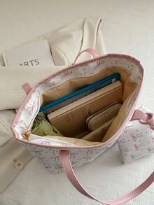 1 时尚拼色蝴蝶结印花单肩包，简约轻便，多个口袋，单肩托特包书包，返校背包，大容量，笔记本电脑隔层，便携，轻便，适合少女女大学生，非常适合返校、大学、初中、高中，时尚拉链托特包，大号学校托特包，多个隔层，非常适合海滩 - 白色 - 查看 4