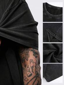 Men's Vintage Print Washed Cotton T-Shirt – Oversized Soft & Breathable Tee With Surreal Fantasy "Eyeball & Swamp Pine" Design. Heavyweight Black Casual Daily & Party Wear – Bohemian Retro Style, All-Season Geometric Pattern  Top - 黑色 - 查看 3