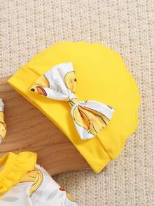 3件套女婴秋冬粉色碎花圆领长袖连衣裤（带帽子和围巾） - 黃色 - 查看 5