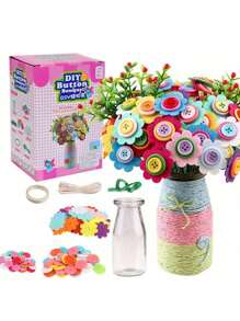 1pc DIY Button Bouquet Craft Kit – Handmade Flower Vase Arrangement Set,Mixed Color Fashion-Themed Plastic Button & Felt Petals, Creative Art And Crafts Project