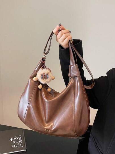 1 件 (13.4 英寸 * 11.0 英寸 * 7.1 英寸) 时尚女士单肩包、斜挎包、吊带包、邮差包、新月包，采用 PU 材料制成，适合购物、约会、派对、工作通勤，可调节肩带，装饰吊坠，优雅简约休闲别致咖啡色女士单肩包