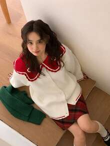 女士可爱撞色钩针花卉贴花领针织开衫毛衣，秋冬款 - 杏色 - 查看 3