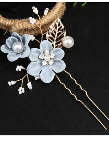3 Peças Conjunto de Acessórios de Cabelo para Noiva Vintage Elegante em Bordô, Azul e Rosa, Pente de Cabelo Floral Luxuoso, Presilha de Cabelo, Adequado para Noiva, Banquete e Decoração de Festa