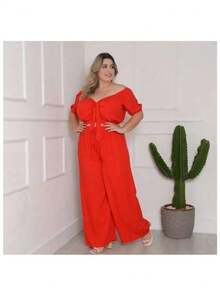 Plus Size Cropped And Pantaloon Set For Women - 紅色 - 查看 2