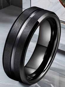 8mm Matte Finish Bevel Edge Fashionable Engagement Wedding Ring, Black Stainless Steel Ring For Men & Women