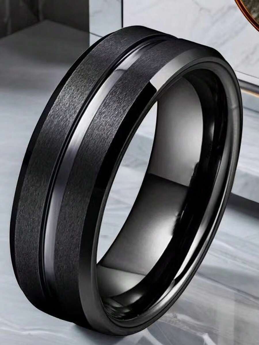 8mm Matte Finish Bevel Edge Fashionable Engagement Wedding Ring, Black Stainless Steel Ring For Men & Women