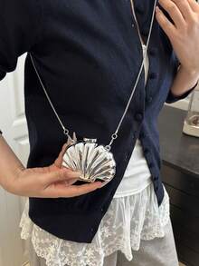 1 件贝壳形装饰包、迷你晚装手拿包、女士个性化时尚链条口红包，适合情人节、派对、约会、单肩包、零钱包、金色耳机盒、女士礼物、硬壳 - 銀色 - 查看 6