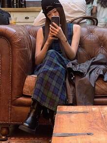 复古不落俗套圆领宽松露背开衩格子无袖连衣裙女