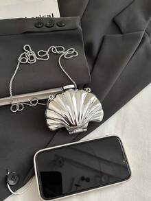 1 件贝壳形装饰包、迷你晚装手拿包、女士个性化时尚链条口红包，适合情人节、派对、约会、单肩包、零钱包、金色耳机盒、女士礼物、硬壳 - 銀色 - 查看 9