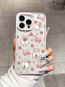 Pink Bow & Floral Ghost Print Magnetic Ring Phone Case Compatible With IPhone 16 Pro Max, 14/13, 12, 11 Pro Max, XS Max, X, XR, 8, 7, Plus, Mini, Suitable As Birthday Gift For Girlfriend, Boyfriend Or Personal Use Waterproof Shockproof Anti-Fall Scratch Resistant