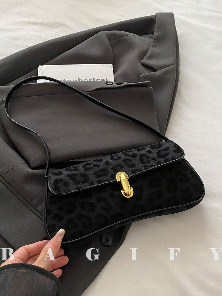 Women's Vintage Faux Oiled Leather Flap Decor Shoulder Underarm Bag Suitable For Dating Outing Party Leopard Print Cheetah Print