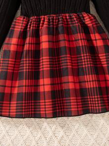 Girls' Casual Plaid Pattern Bow Decor Round Neck Long Sleeve Knee-Length Dress, Suitable For Spring And Autumn - Red - View 8