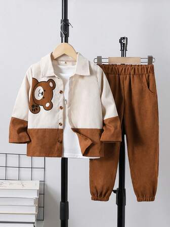 2 st/set för pojkar, casual, björnmönster, manchester, lapptäcke, långärmad, knäppt skjorta och byxor, lämplig för sport, vardagskläder, skola, utomhusaktiviteter på hösten/vintern