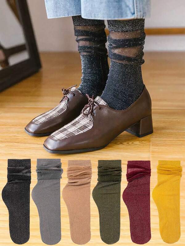 1 Pair/5 Pairs Women Metallic Thread Lace Trim Mid-Calf Socks, Sheer Mesh See-Through Frill Socks, Lightweight Spring/Summer, Fall