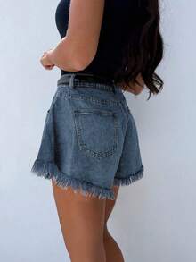 Shorts vaqueros de tiro alto, sueltos y acampanados con bolsillos para mujer - Azul - Ver 4