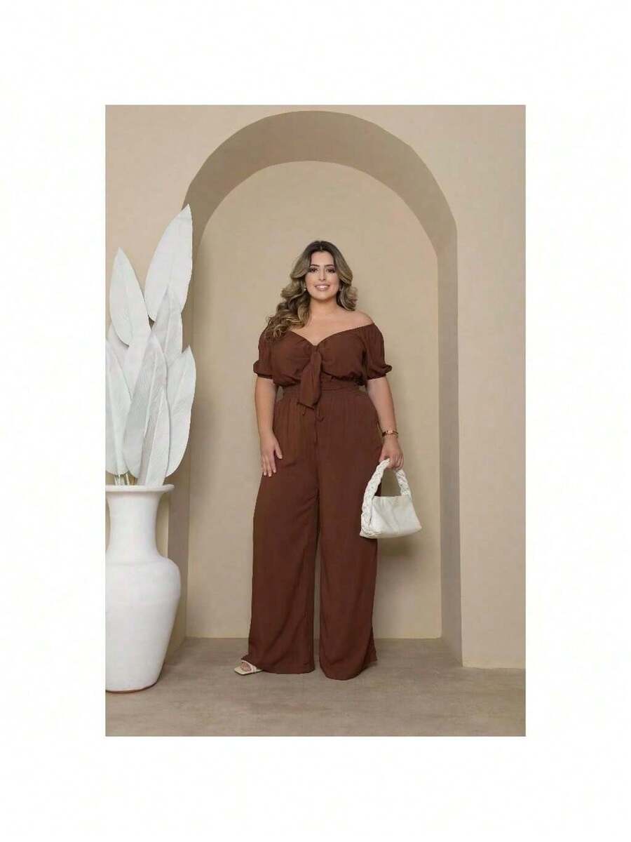 Plus Size Cropped And Pantaloon Set For Women - 鏽棕色 - 查看 1