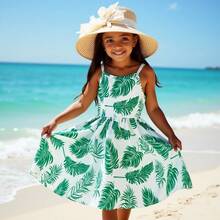 年轻女孩度假休闲优雅绿叶印花吊带连衣裙，夏季 - 彩色 - 查看 7
