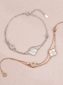 S925 Sterling Silver Clover Bracelet For Women, Double Layer Rose Gold & White Shell Minimalist Jewelry Gift Valentines
