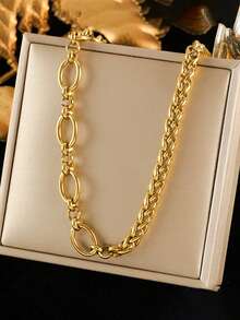 RAYQUEEN 1 Set Stainless Steel Personalized Fashion Chain Linked Gold Necklace And Bracelet Jewelry Set, Suitable As Gift - Yellow Gold - View 3