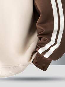 青少年时尚插肩袖半拉链条纹运动衫，秋季 - 卡其色 - 查看 5