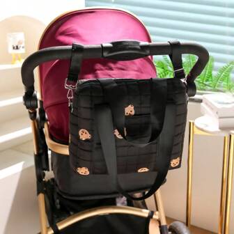 1 件可爱刺绣纯黑色妈咪包，带口袋，双挂钩，可挂婴儿车，便携式尿布包，可放置婴儿用品，适合所有季节