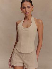 Conjuntos de dos piezas de mezclilla para mujer, color liso, sin mangas, cuello halter, camisetas sin mangas y pantalones cortos. - Blanco - Ver 1