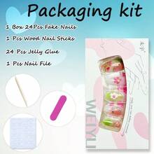 Colorful Flower Press On Nails Medium Almond Fake Nails  Nails Wit 3D S Design S Pink Green Glue On Nails C Floral Leaf Andmade Acrylic Nails  Wen Girls 30Pcs - 彩色 - 查看 6