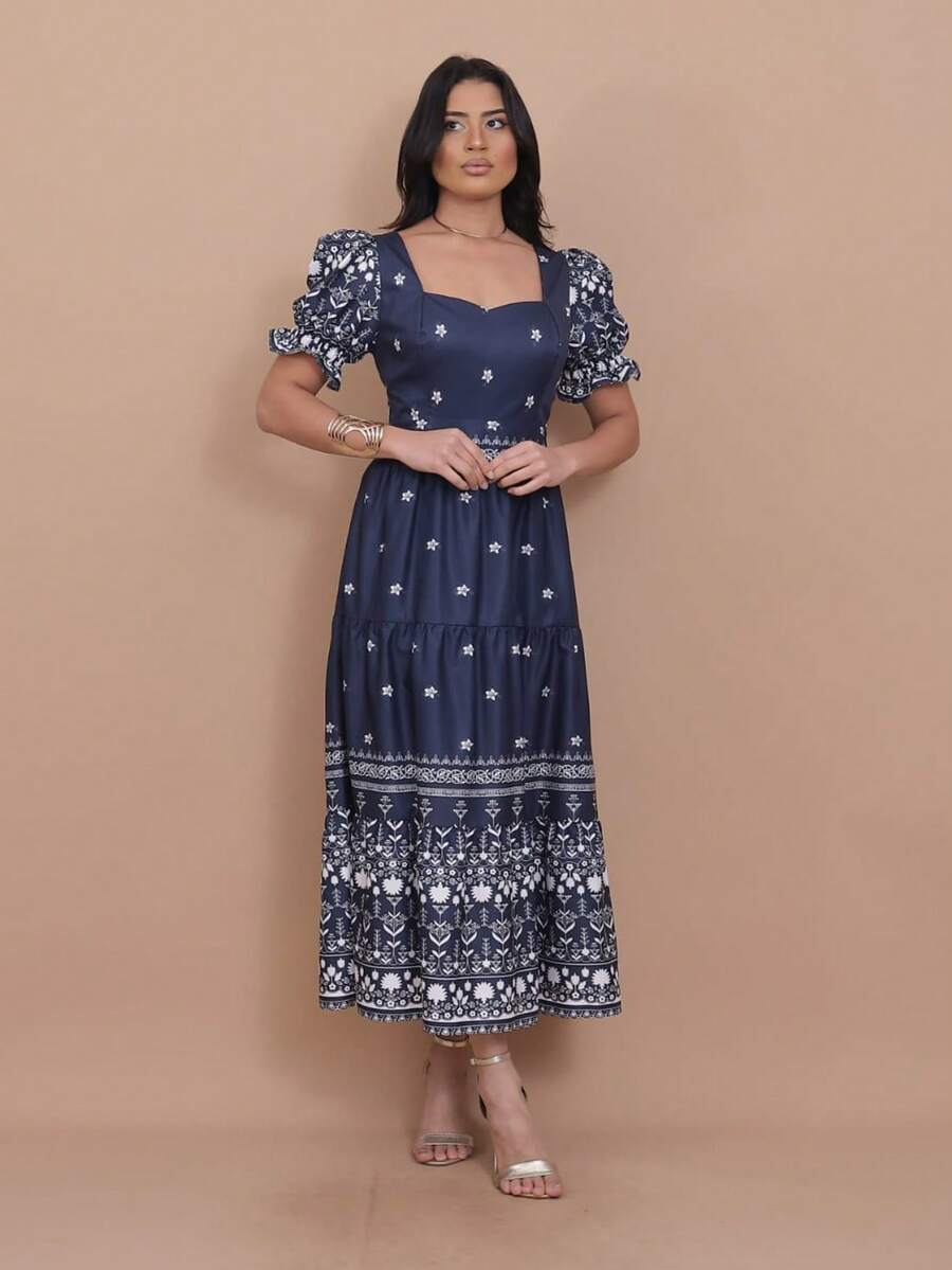 Helena Crepe Printed Midi Dress With Short Sleeves - 藏蓝色 - 查看 1