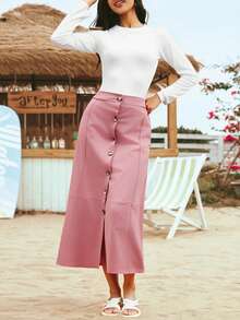 Conjunto 2 piezas mujer falda midi botones delanteros playera manga francesa cuello redondo mujer bohemio casual otoño invierno basico - Rosa - Ver 2