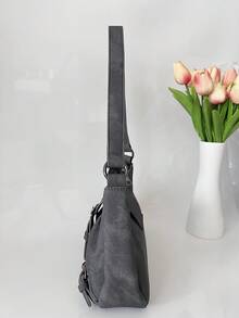 Fashionable Retro Women's Bag, Versatile Mini Motorcycle Bag, Y2K Babe Bag, Shoulder Underarm Bag, Pleated Baguette Bag, Ombre Gray Denim Effect PU Leather Women Handbag - Grey - View 4