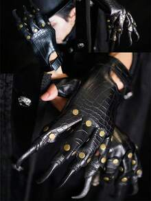 1 双深色尖刺仿鳄鱼 PU 皮革万圣节个性化服装龙爪狼人锋利手套，亮面外观，男女通用，节日派对舞台服装角色扮演红龙/狼人手套 - 彩色 - 查看 9