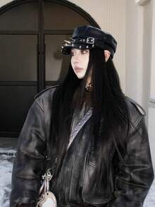 Unisex Couple Beret Hat, Suitable For All Seasons, Original Design, Rock Fashion, Leopard Print, Navy Blue Beret, Personalized Rivet Leather Buckle, Retro Leather Newsboy Cap, Metal Spider Decoration, Punk PU Leather Distressed Octagonal Cap - Butterfly - View 5