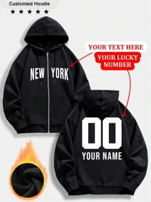 Customized Men's Zip-Up Hoodie Sweatshirt - Customizable Fun Sweatshirt, Can Print Your Lucky Number, Font, Jersey Number, Anniversary, Birthday, Music Festival, Christmas, Halloween, Thanksgiving, Work Logo, Advertising, School Uniform, Black Zip-Up Jacket, Suitable For Autumn And Winter, Thermal Lined Pocket Sweatshirt With Drawstring, Long Sleeve Top - Black - View 1
