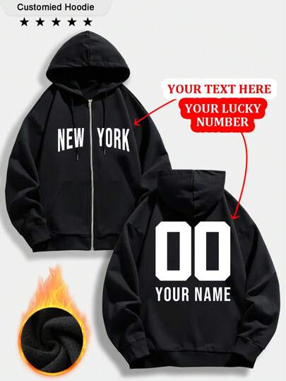 Customized Men's Zip-Up Hoodie Sweatshirt - Customizable Fun Sweatshirt, Can Print Your Lucky Number, Font, Jersey Number, Anniversary, Birthday, Music Festival, Christmas, Halloween, Thanksgiving, Work Logo, Advertising, School Uniform, Black Zip-Up Jacket, Suitable For Autumn And Winter, Thermal Lined Pocket Sweatshirt With Drawstring, Long Sleeve Top