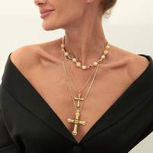 Layered Necklace Set Women – Vintage Gold Pearl Choker, Multi-Strand Chain With Religious Pendant, Baroque Statement Jewelry, Adjustable Fashion - 三層金十字架 - 查看 6