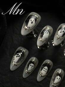 Halloween Glow-In-The-Dark Nail Art Set, Includes 10pcs Acrylic Nail Stickers, Medium Almond-Shaped Nails, Cute Ghost Black Nails, Handmade Gothic Nails, Full Cover False Nails, Gold Line Full Cover Acrylic Nail Sticker Set, Ideal For Halloween Party, Comes With Gel Stickers And Nail File. - Black and White - View 5