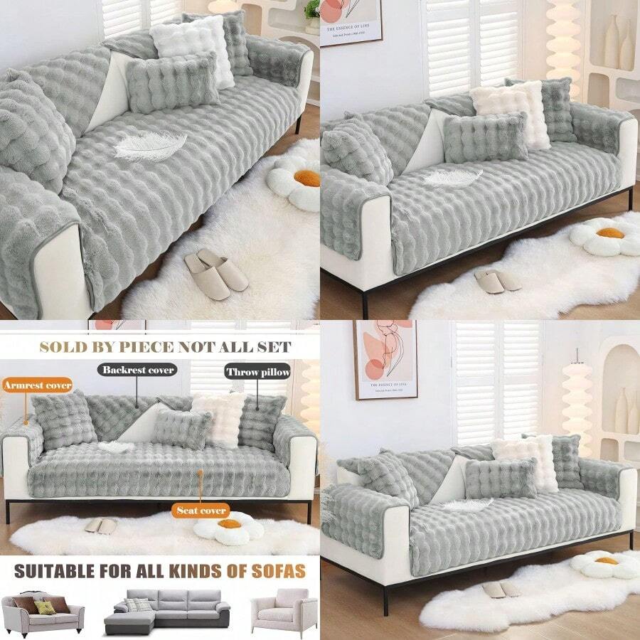 Soft Warm Faux Fur Couch Sofa Cover Thick Shaggy Fuzzy Sectional Couch Cover NonSlip Solid Color Plush Sofa Slipcover Furniture Protector For Pets Light Grey 28x28 As